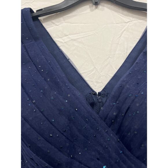 La Femme Sheer Fit & Flare Cocktail Dress Rhinestone Tulle Midnight Navy Blue - Picture 8 of 16